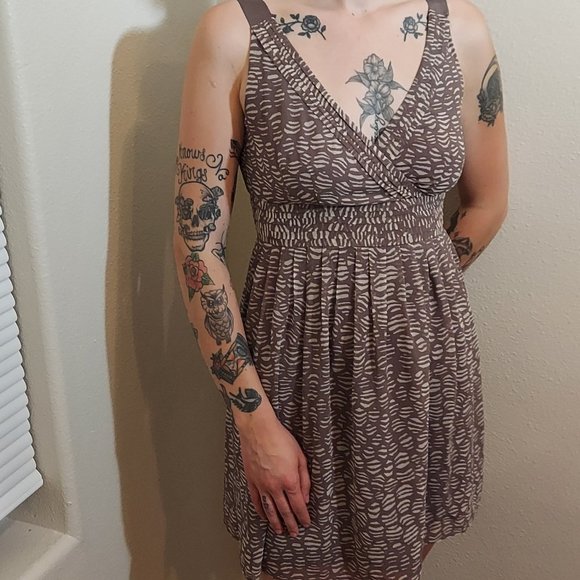Ann Taylor Loft Petite Sleeveless  Fit Flare Dress Brown and Biege Abstract - Picture 1 of 11